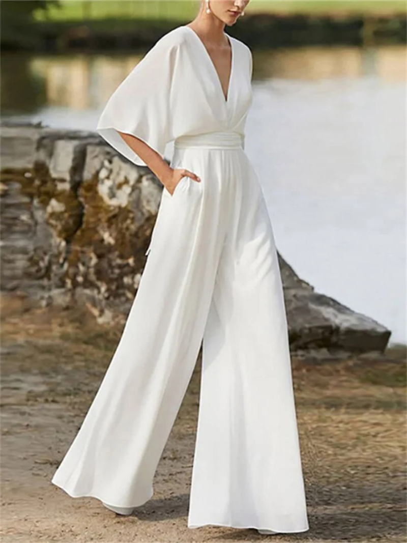 Women's Jumpsuit – Kimono Sleeve Wrap, Elegant Wide Leg Occasionwear