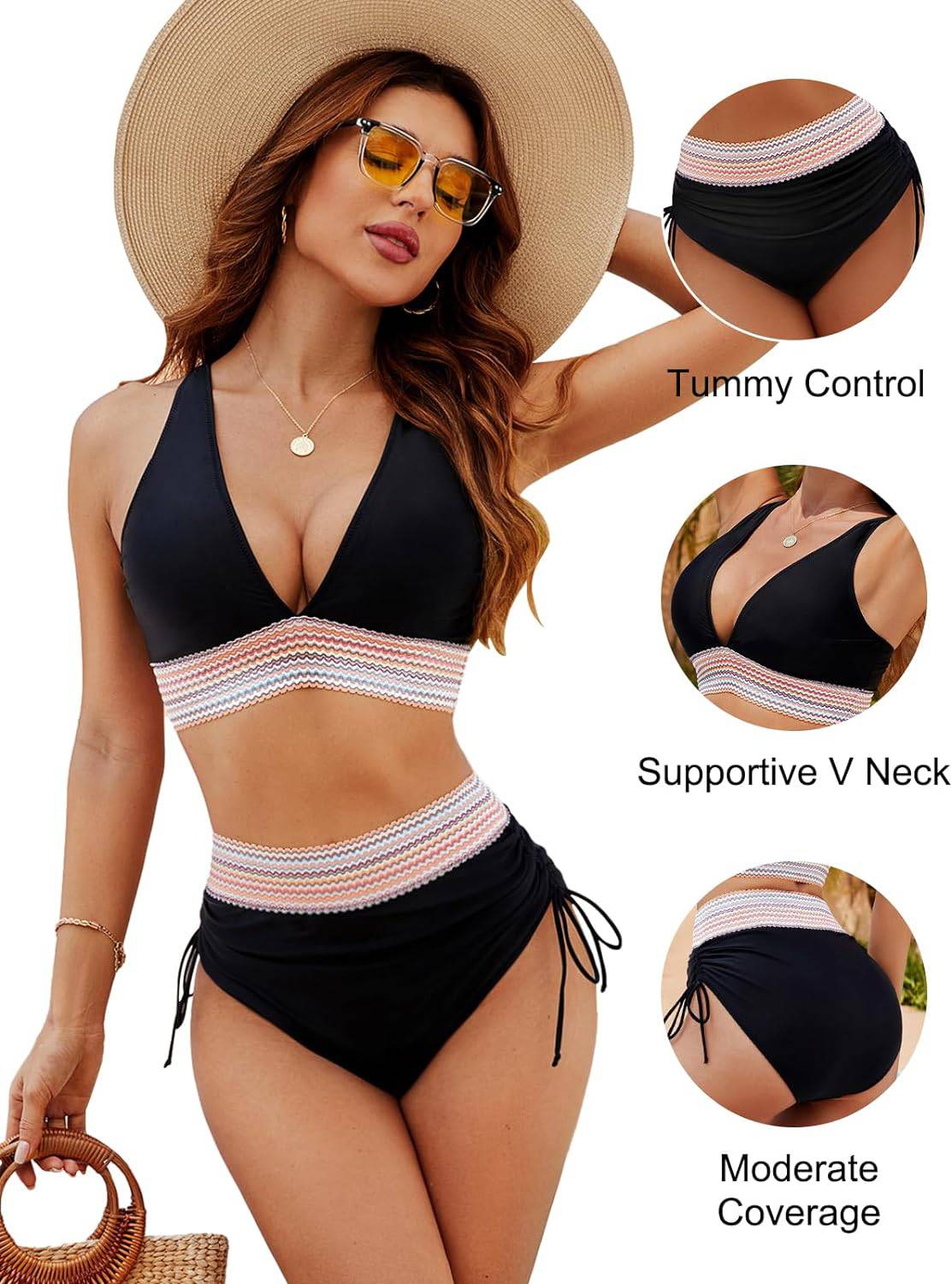 Women's High Waisted Bikini – Striped Halter Neck, Tummy Control Holiday Outfit