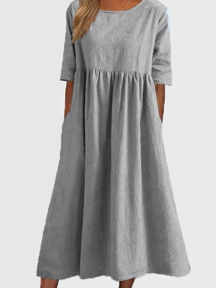 Casual Cotton Midi Dress with Short Sleeves – Relaxed Fit