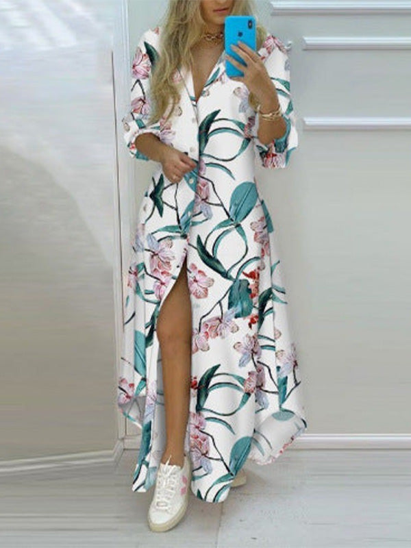 Long-Sleeve Maxi Shirt-Dress - Printed Button-Front Style