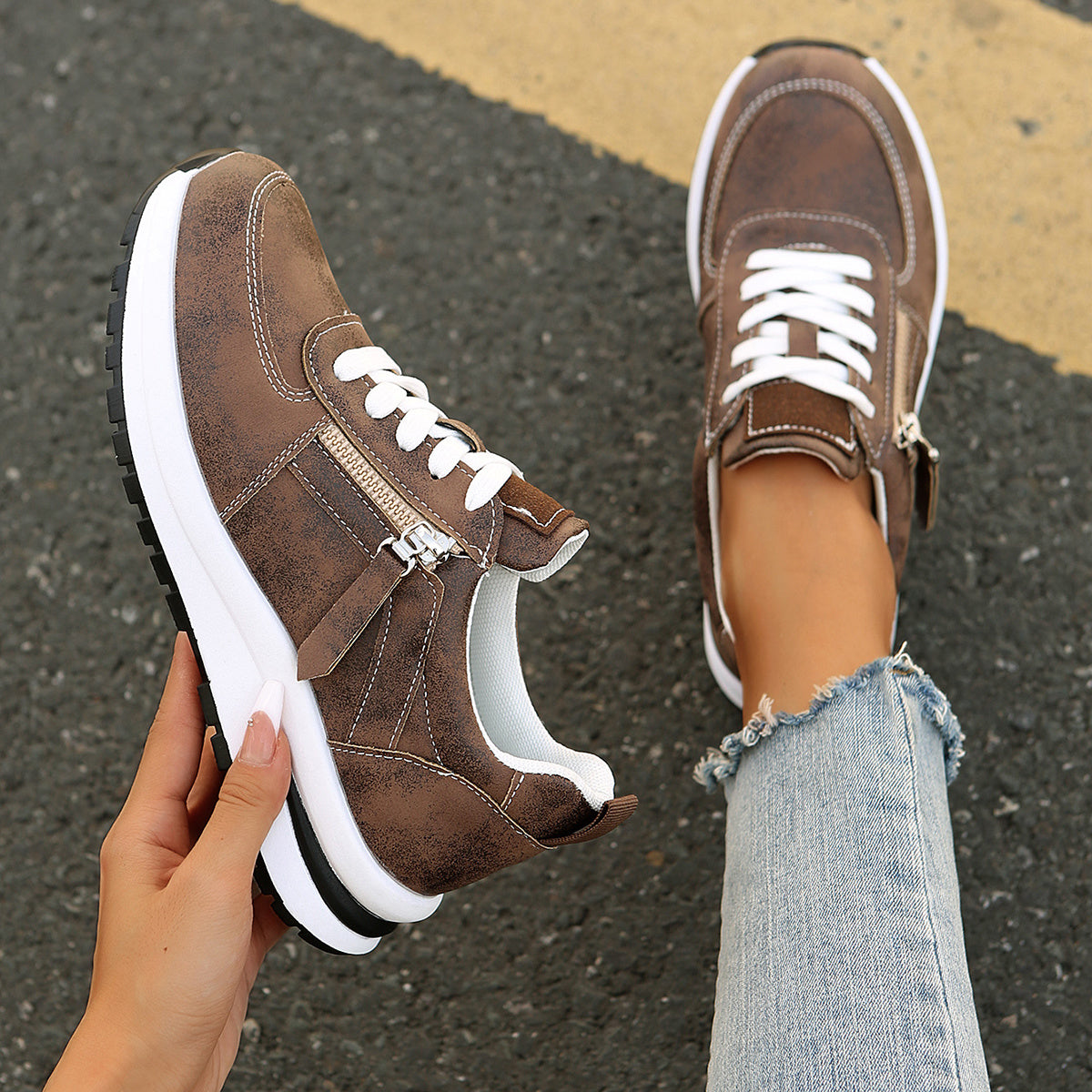Women's Platform Trainers – Side Zip, Comfy Everyday Shoes