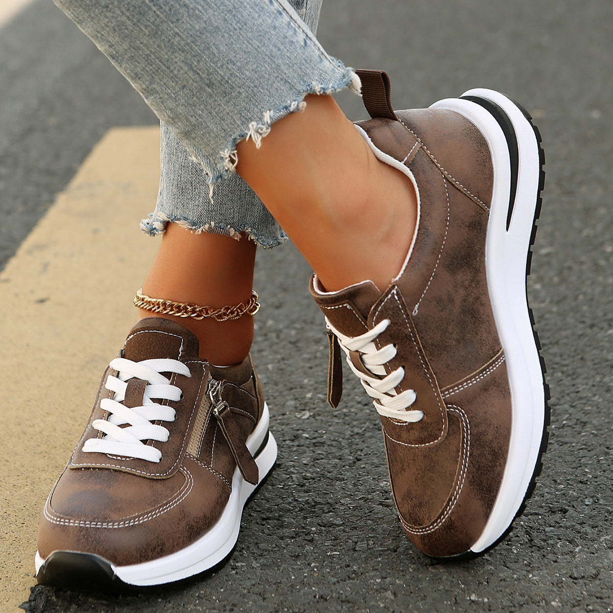 Women's Platform Trainers – Side Zip, Comfy Everyday Shoes
