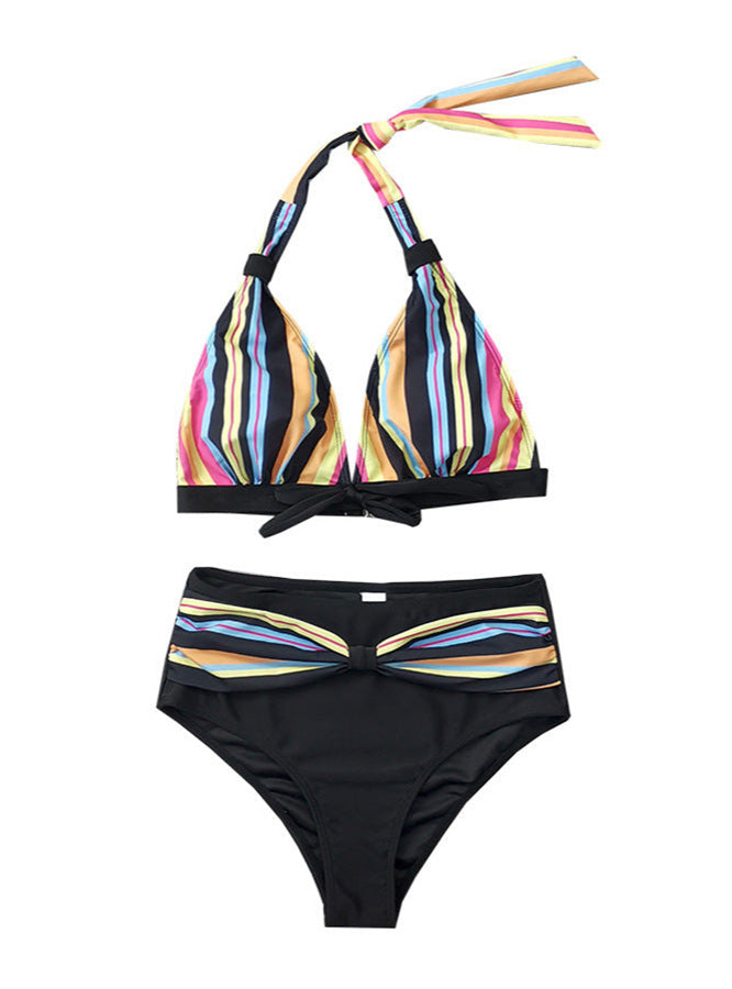 Striped Halter Bikini Set – Tie Front Top & High Waist Bottom