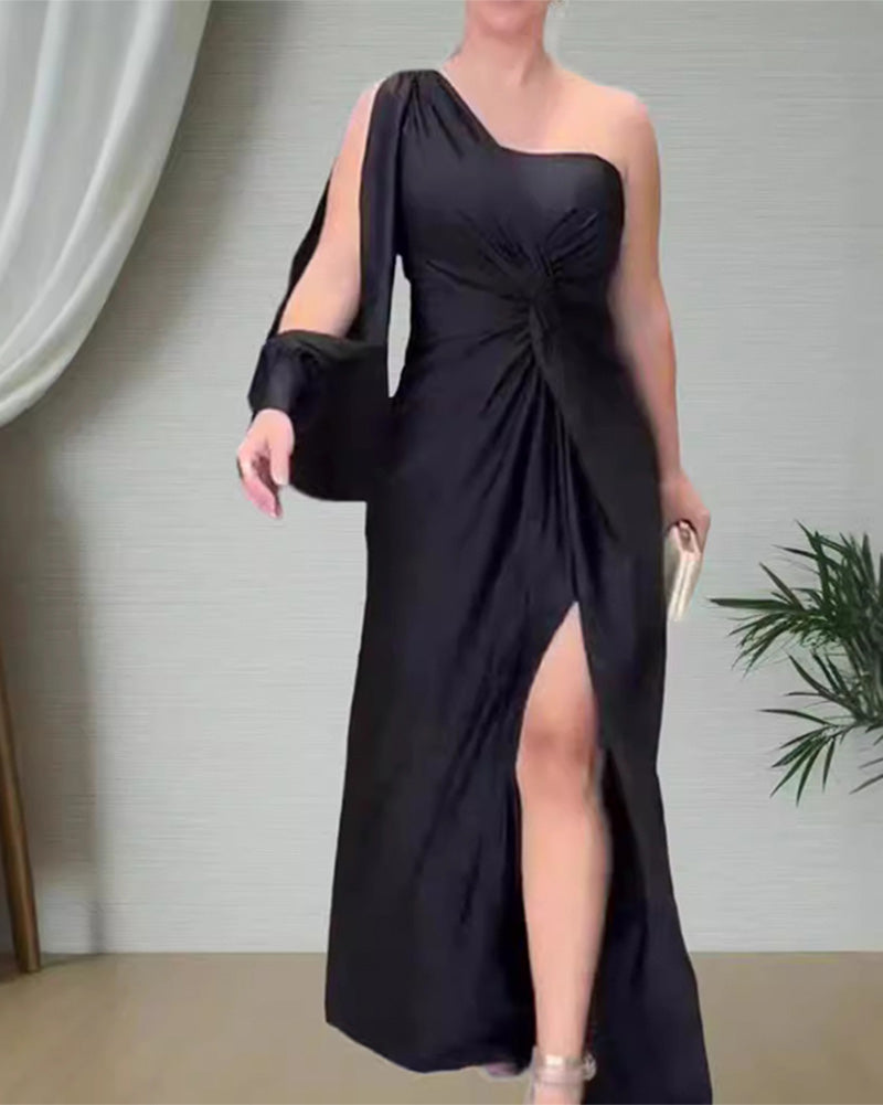 One-Shoulder Twist Front Maxi Dress – Ruched Waist with Side Slit