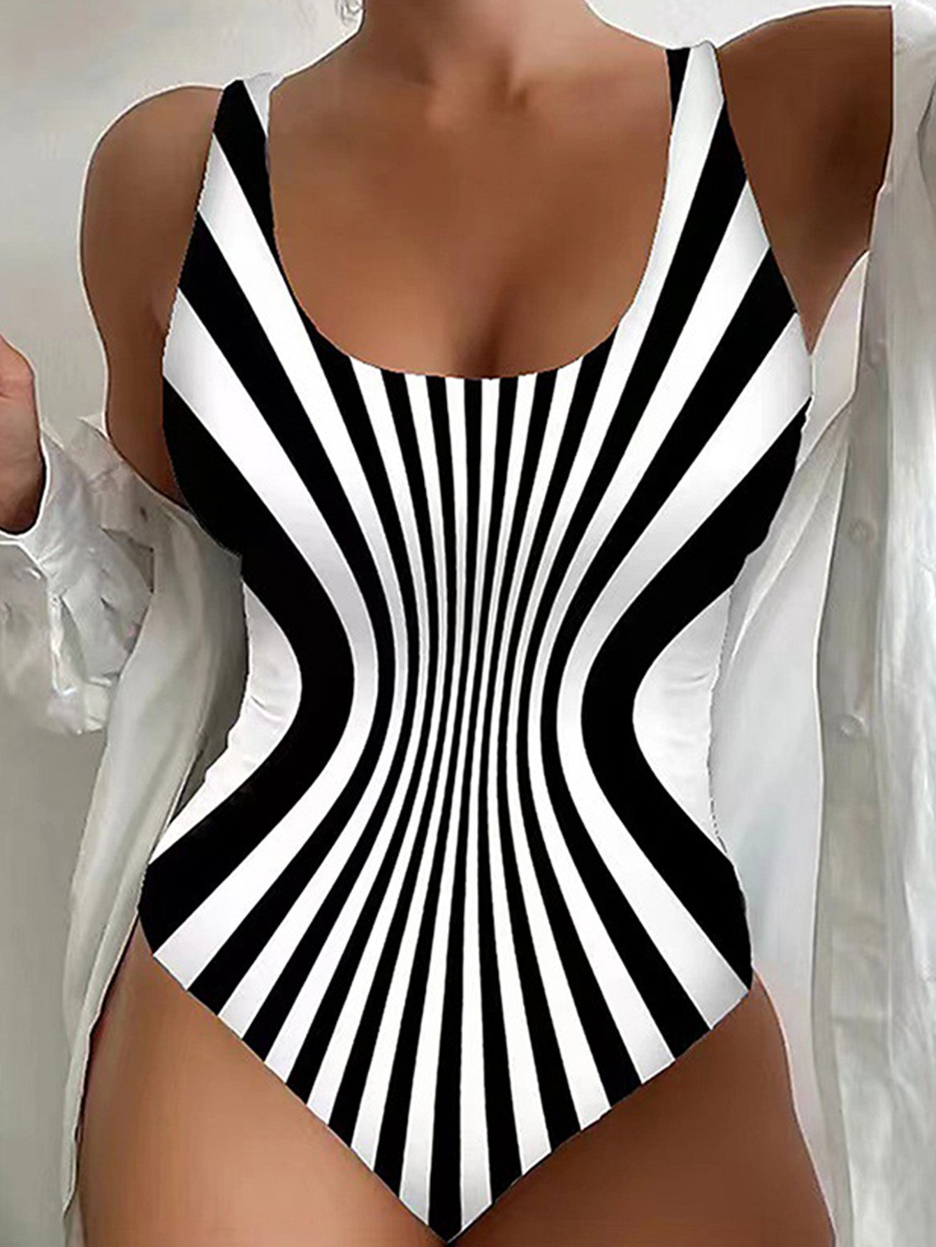 Optical Illusion One-Piece Swimsuit – Slimming Stripe Print Swimwear