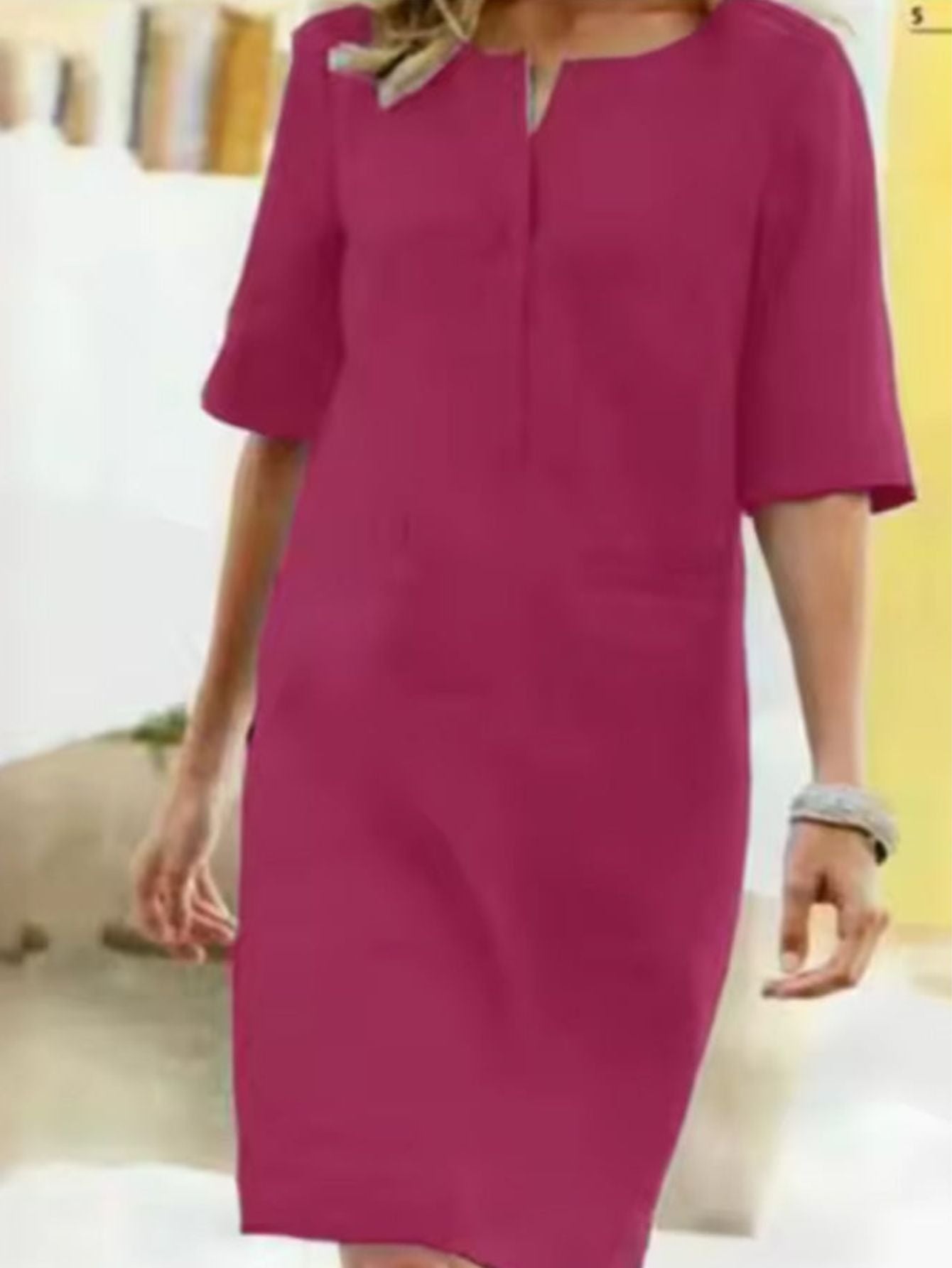 Half-Sleeve-Cotton Shift Dress - Square Neckline