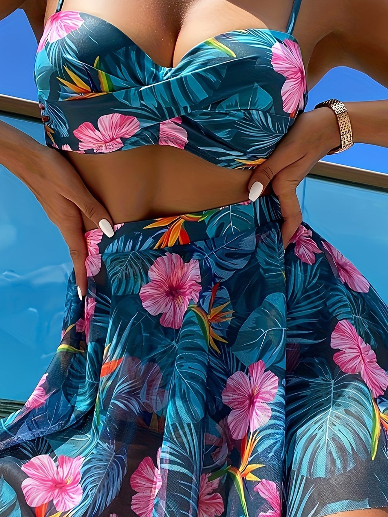 Tropical Print Two-Piece Set – Floral Bralette Top & Flowy Midi Skirt