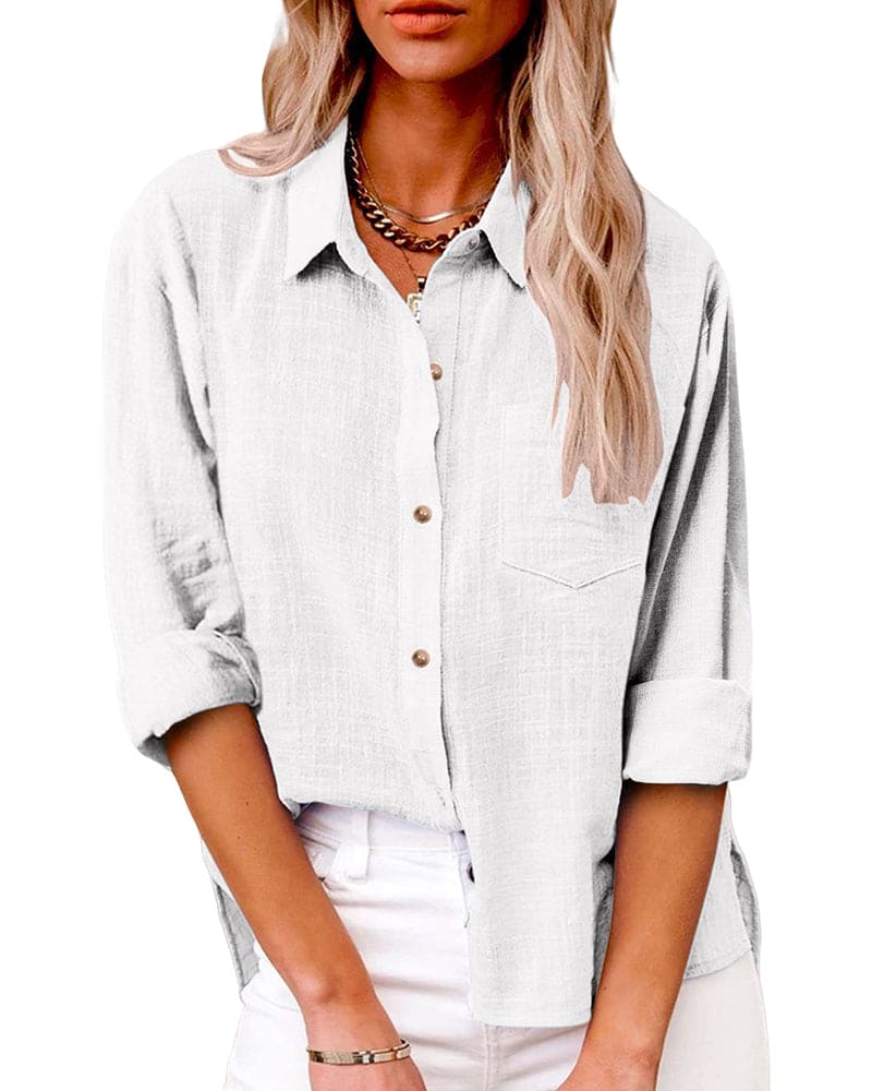 Women's Linen Button-Down Shirt – Casual Long Sleeve Collared Top