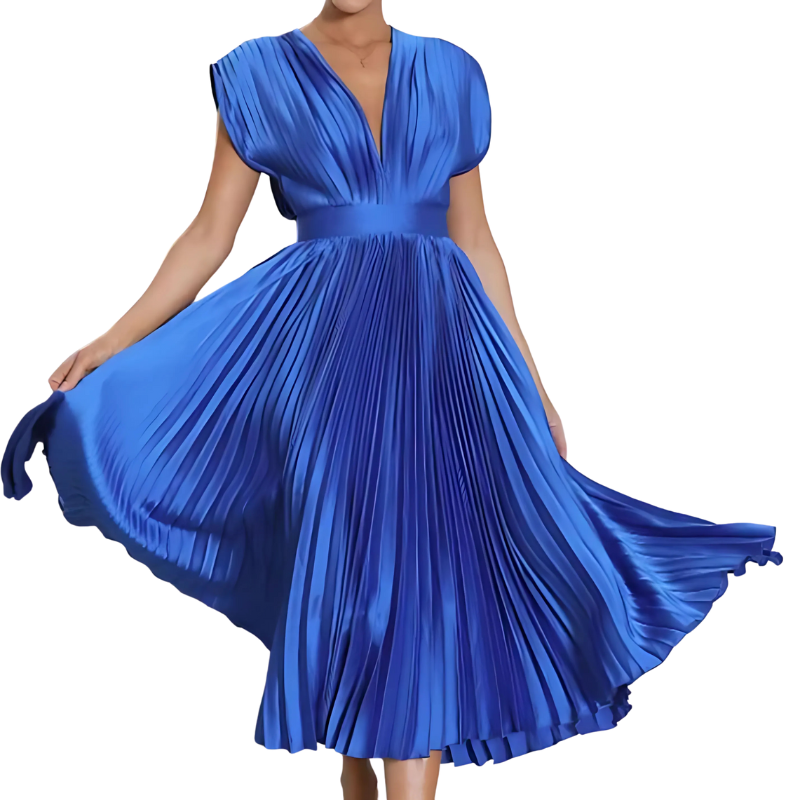 Elegant Pleated Cap Sleeve Maxi Dress – Flowy Silhouette for Day to Night