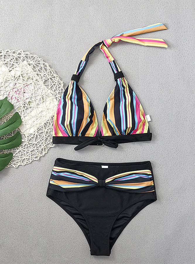 Striped Halter Bikini Set – Tie Front Top & High Waist Bottom