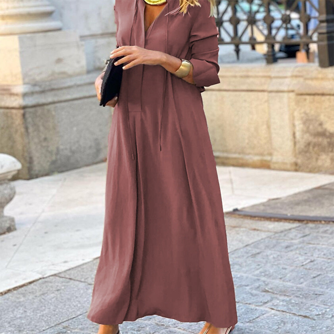 Long-Sleeve Cotton Maxi Dress - Modest A-Line Fit