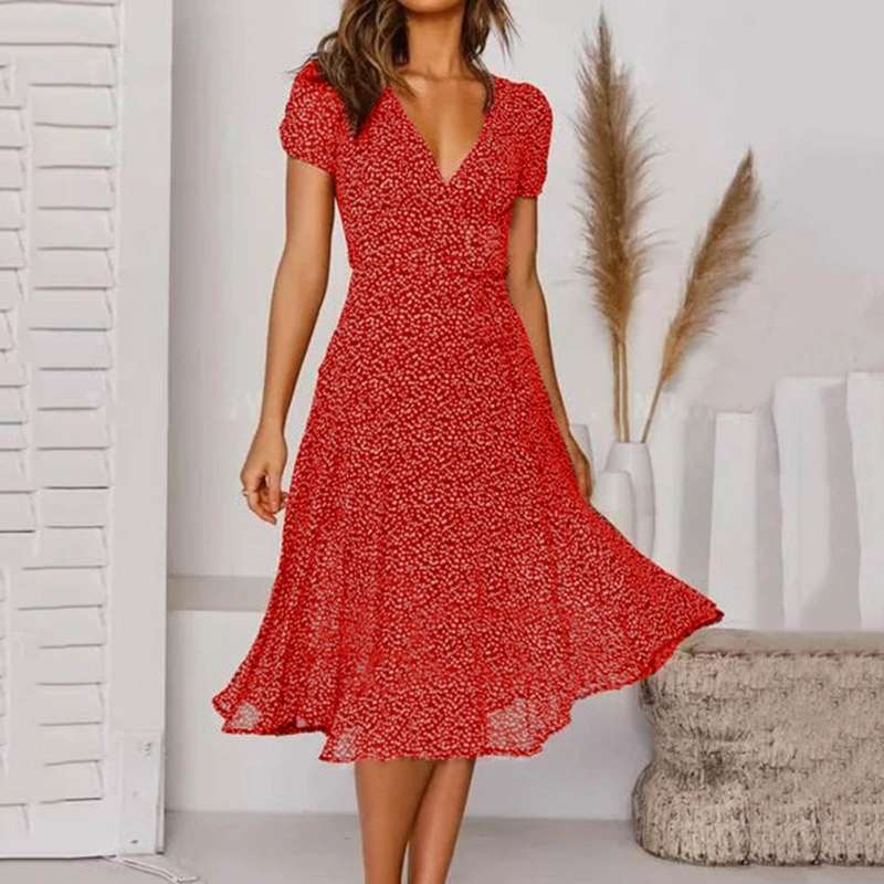 Womens Tea Dress – V-Neck Ditsy Print, Fit and Flare Summer Dress