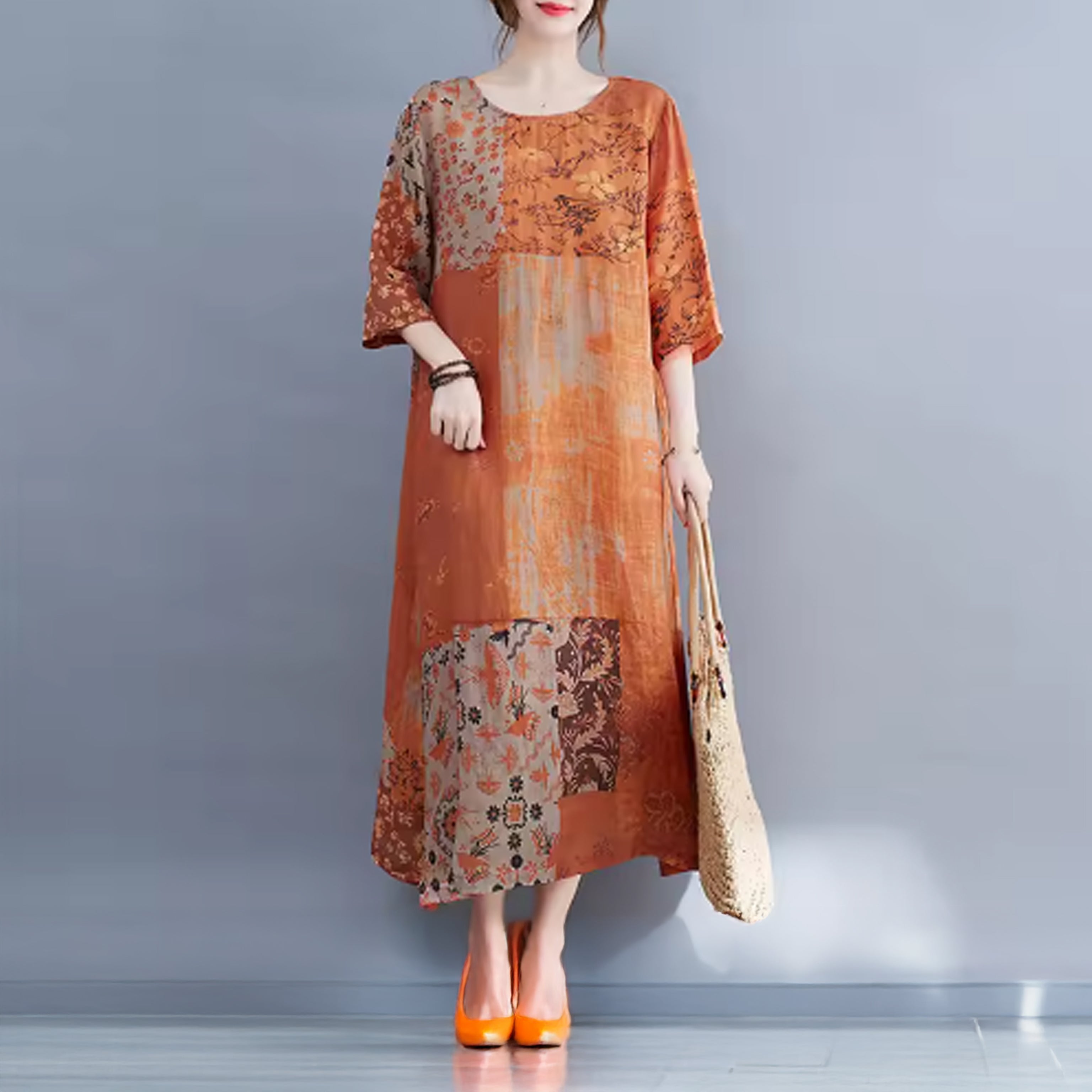 Boho Colour block Patchwork Dress with Side Slit and Half Sleeves