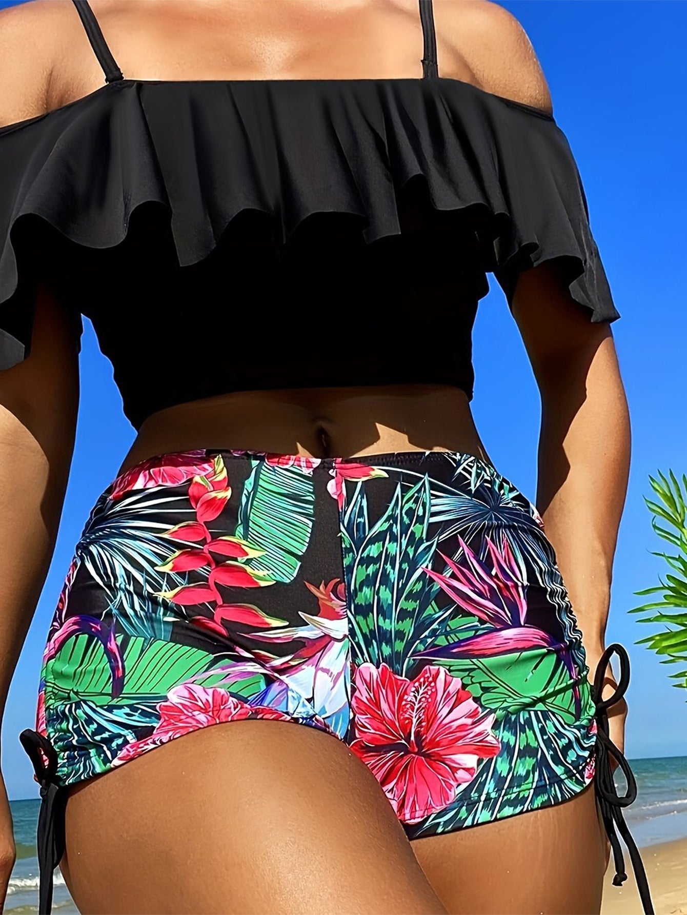 Off-Shoulder Ruffle Bikini Set with Tropical High-Waist Shorts