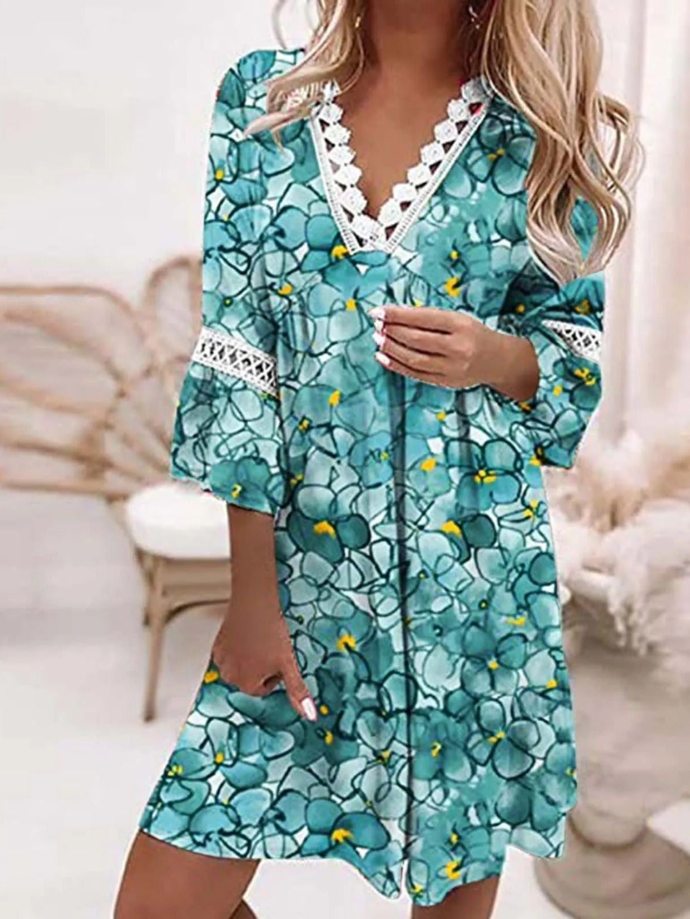 Printed-Boho Tunic Mini Dress - V-Neck 3/4 Sleeve