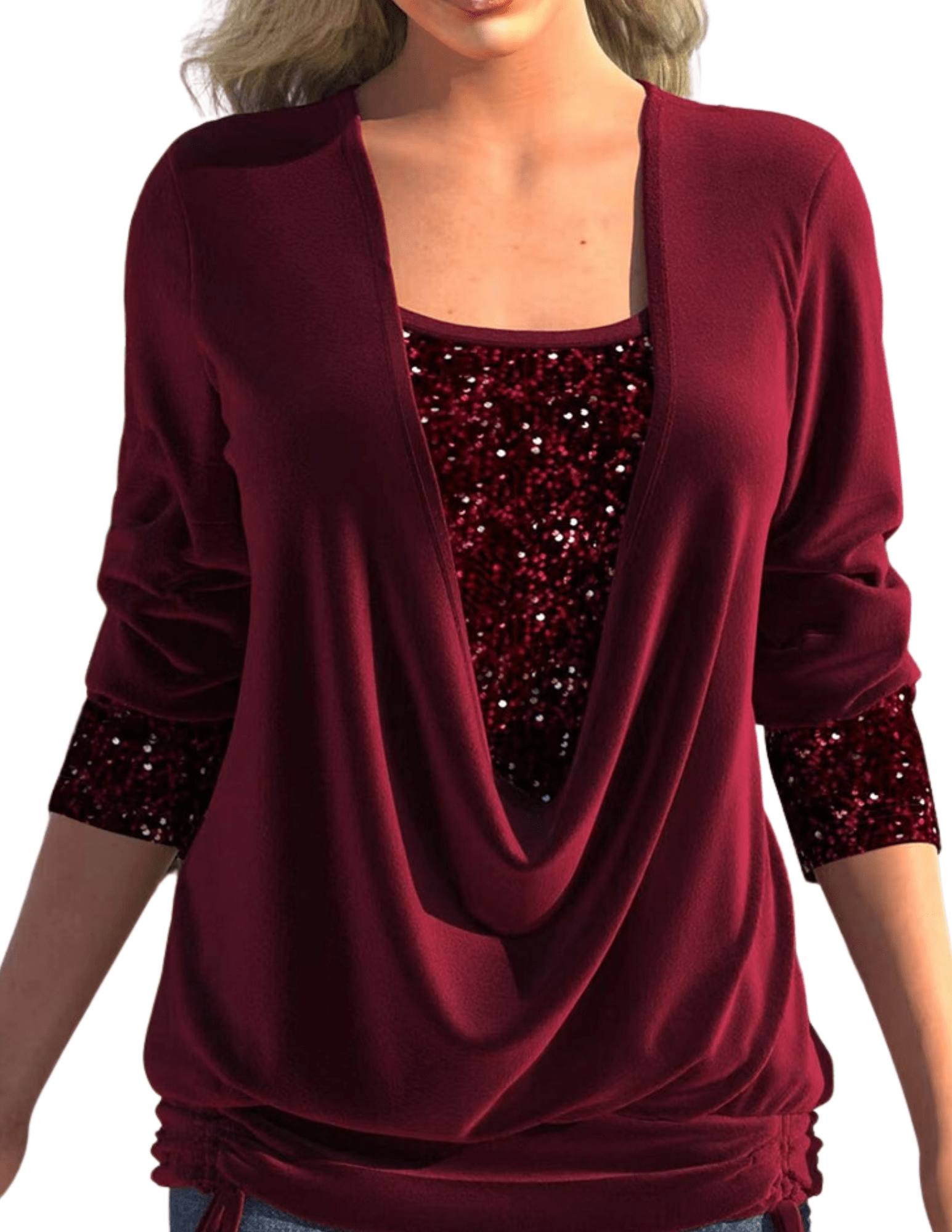 Womens Long Sleeve Top – Sequin Layered Look, Draped Fit Party Style