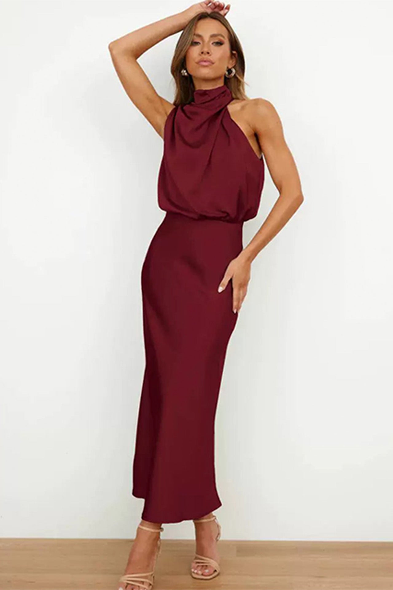 Satin Cowl Neck Midi Dress – Elegant Slip Style for Evening & Events