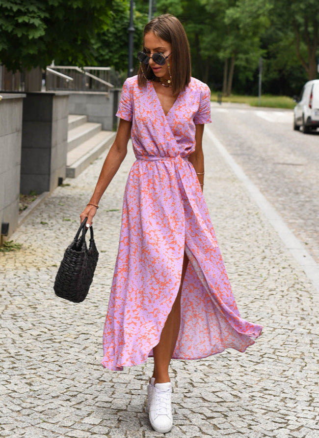 Boho Belted Midi Dress – V-Neck Slit Dress for Summer Casual Chic