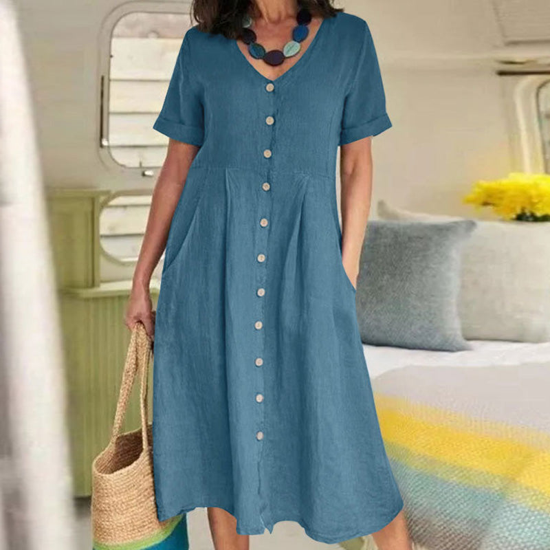 Short-Sleeve Button-Front Midi Dress - Casual Cotton Style