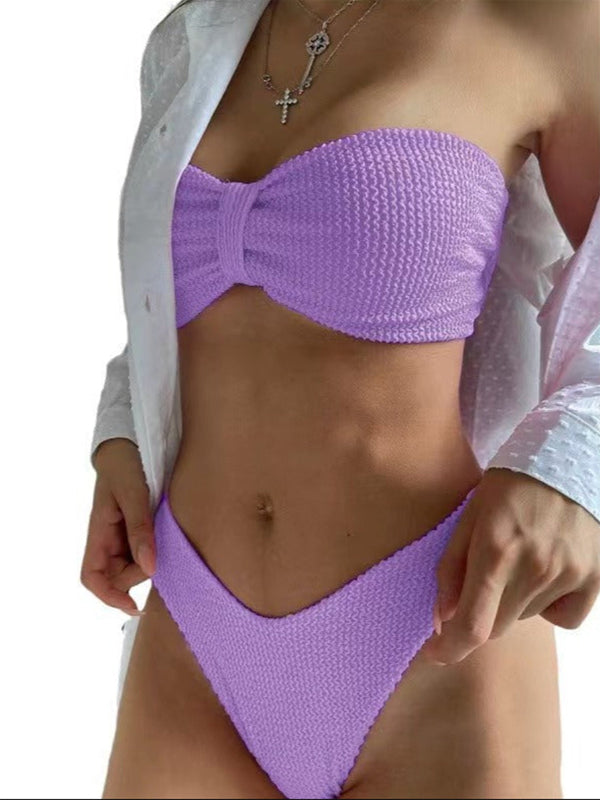 Textured Bandeau Bikini Set – Strapless, High-Cut Bottoms, Summer Colors