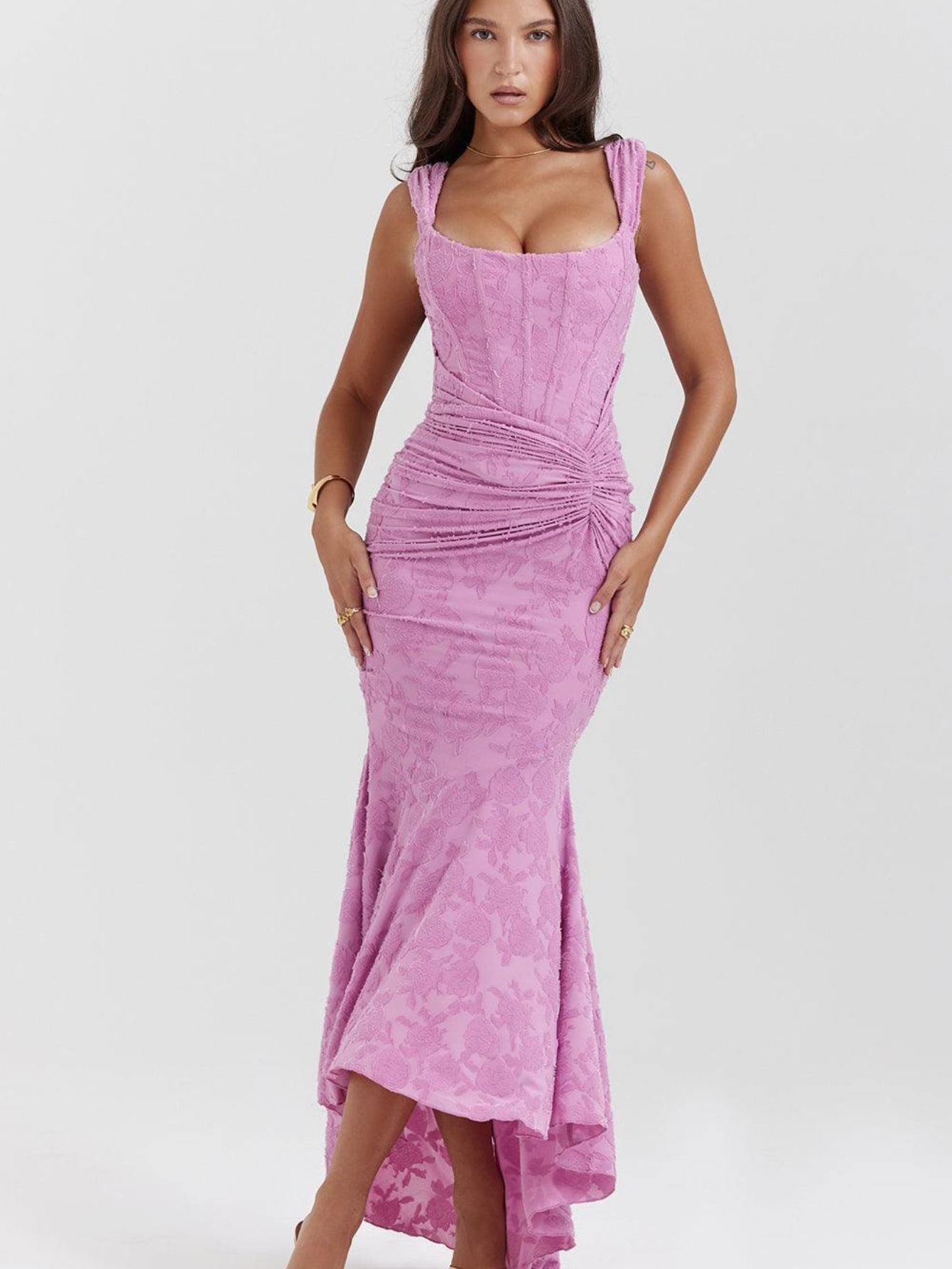 Ruched Bodycon Maxi Dress - Sleeveless with Asymmetrical Hem