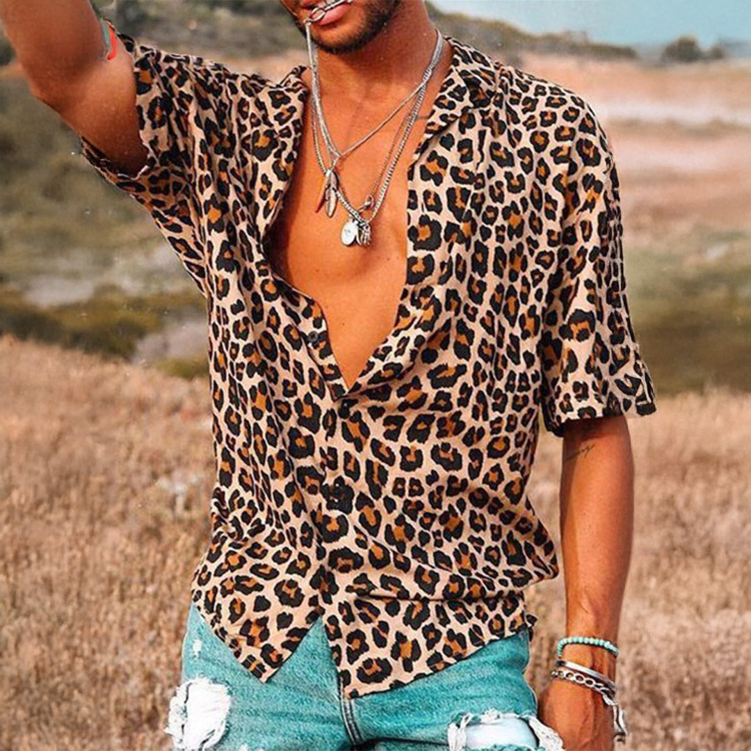 Men's Revere Collar Shirt – Leopard Print, Relaxed Fit Holiday Shirt