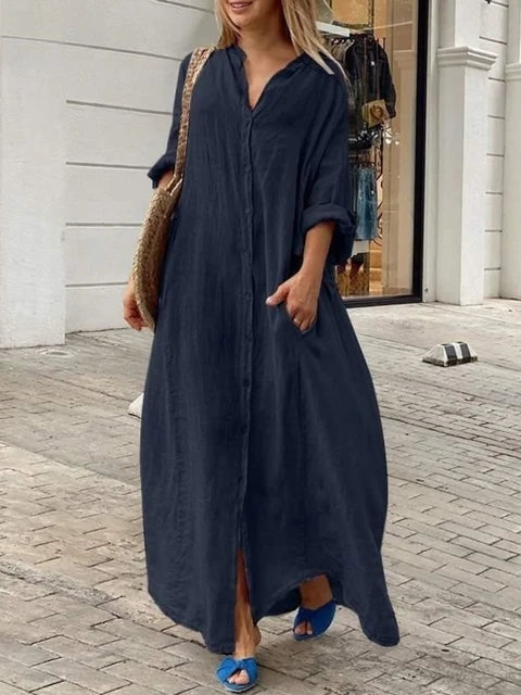 Button-Down Maxi Shirt Dress with Roll-Up Sleeves – Casual Relaxed Fit