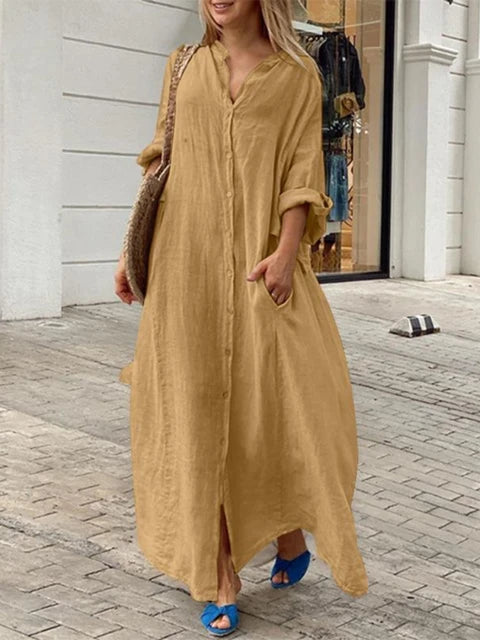 Button-Down Maxi Shirt Dress with Roll-Up Sleeves – Casual Relaxed Fit