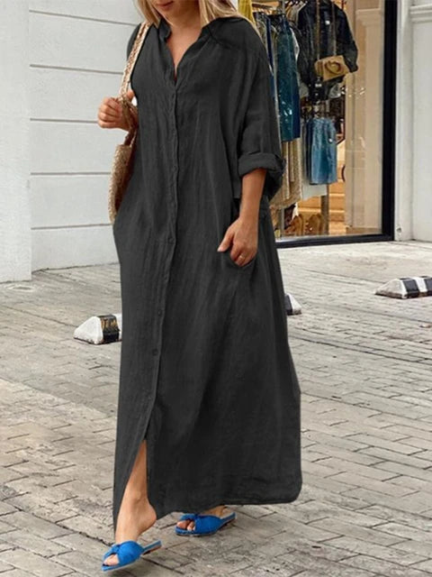 Button-Down Maxi Shirt Dress with Roll-Up Sleeves – Casual Relaxed Fit