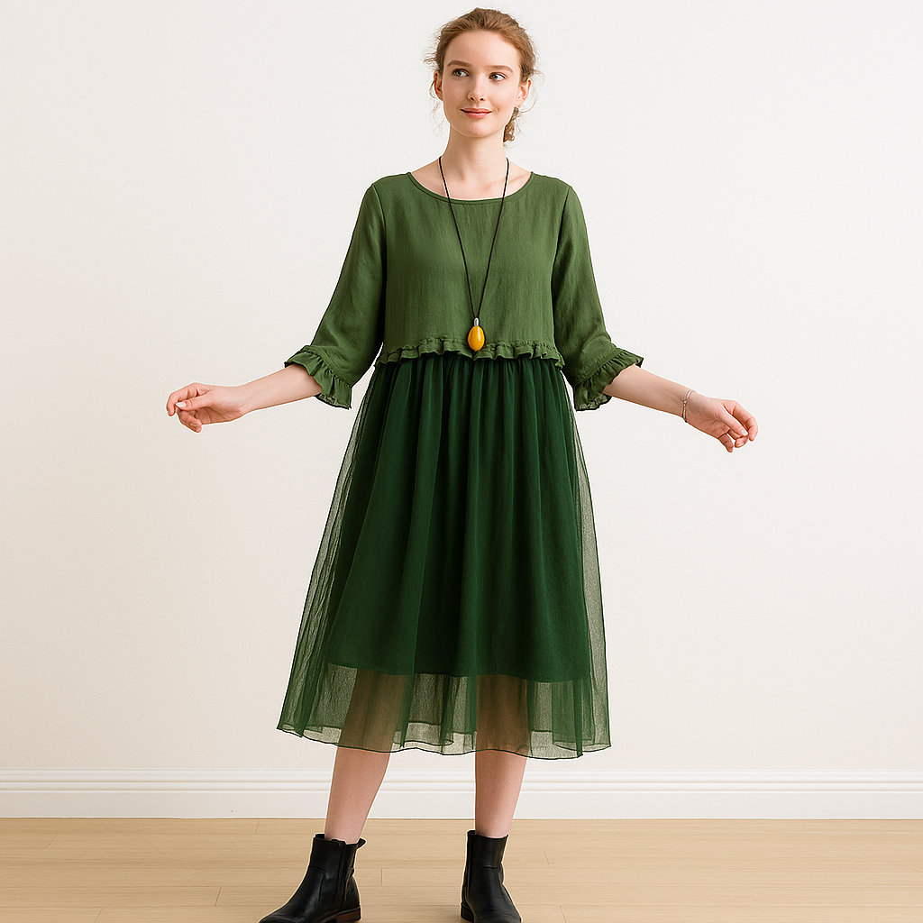 Layered Tulle Midi Dress with Ruffle Hem – Boho Mesh Overlay Style