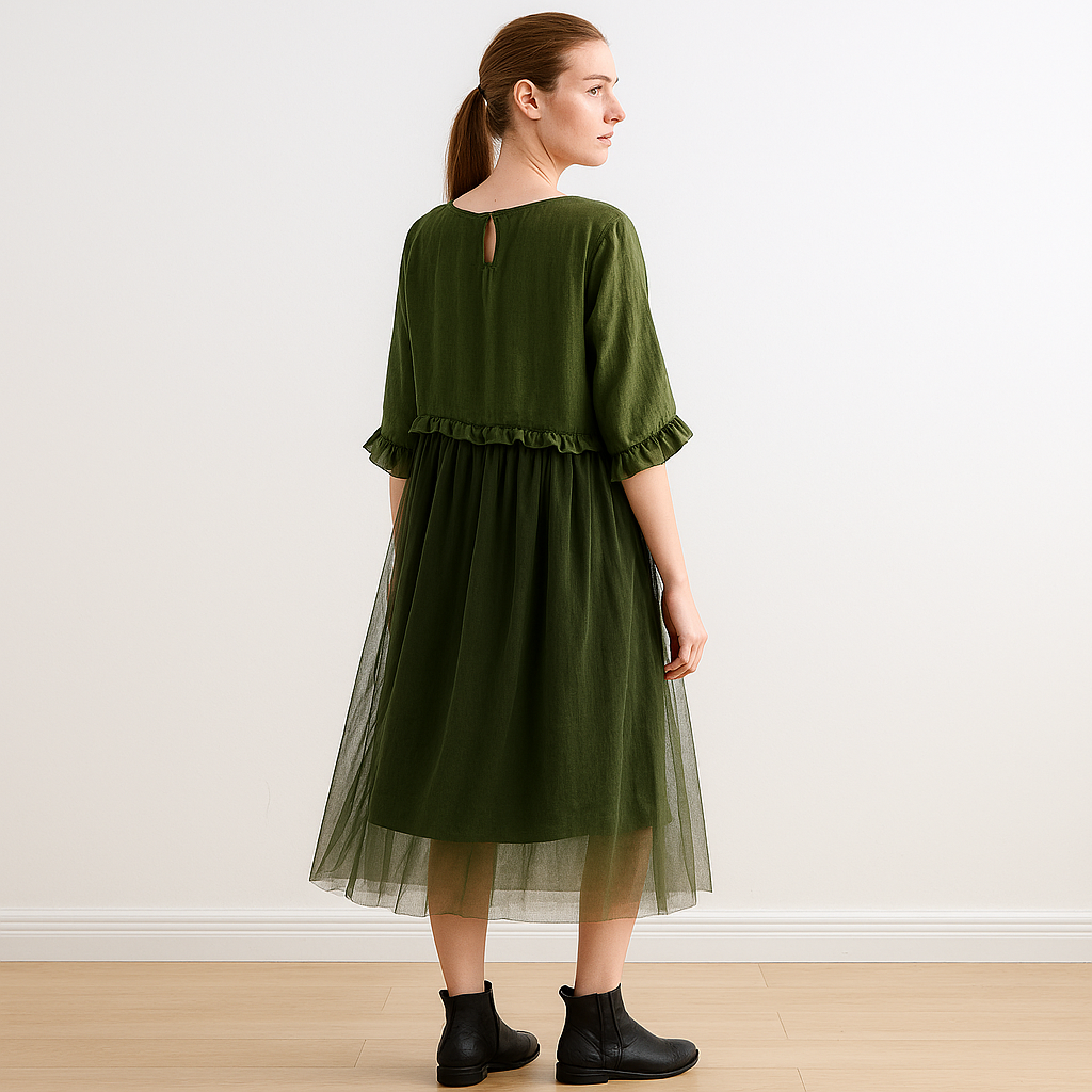 Layered Tulle Midi Dress with Ruffle Hem – Boho Mesh Overlay Style