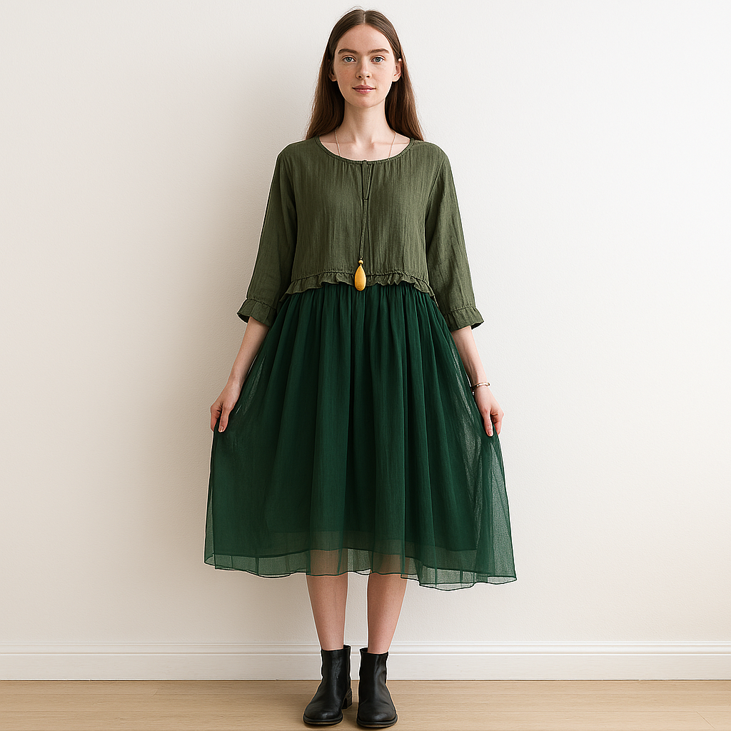 Layered Tulle Midi Dress with Ruffle Hem – Boho Mesh Overlay Style