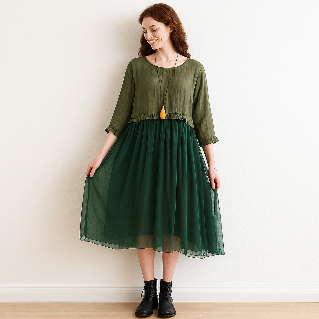 Layered Tulle Midi Dress with Ruffle Hem – Boho Mesh Overlay Style