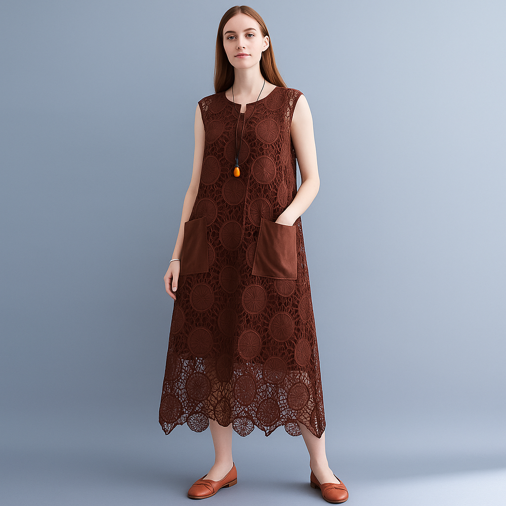 Boho Lace Crochet Midi Dress – Sleeveless with Pockets