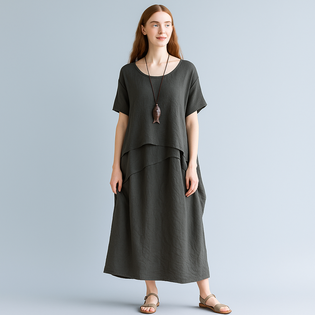 Oversized Layered Cotton Linen Maxi Dress – Short Sleeve Vintage Look