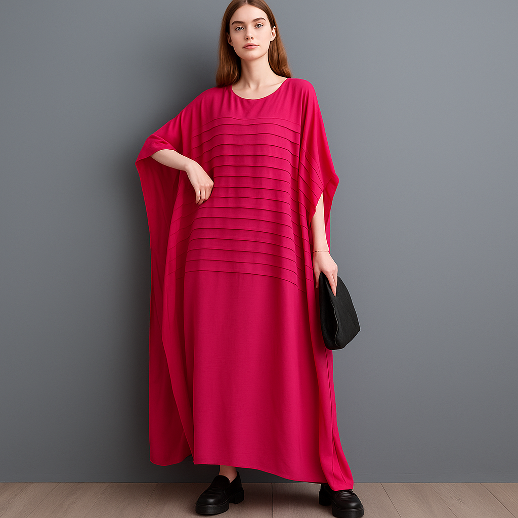 Oversized Pleated Kaftan Maxi Dress – Batwing Sleeve Lounge Chic