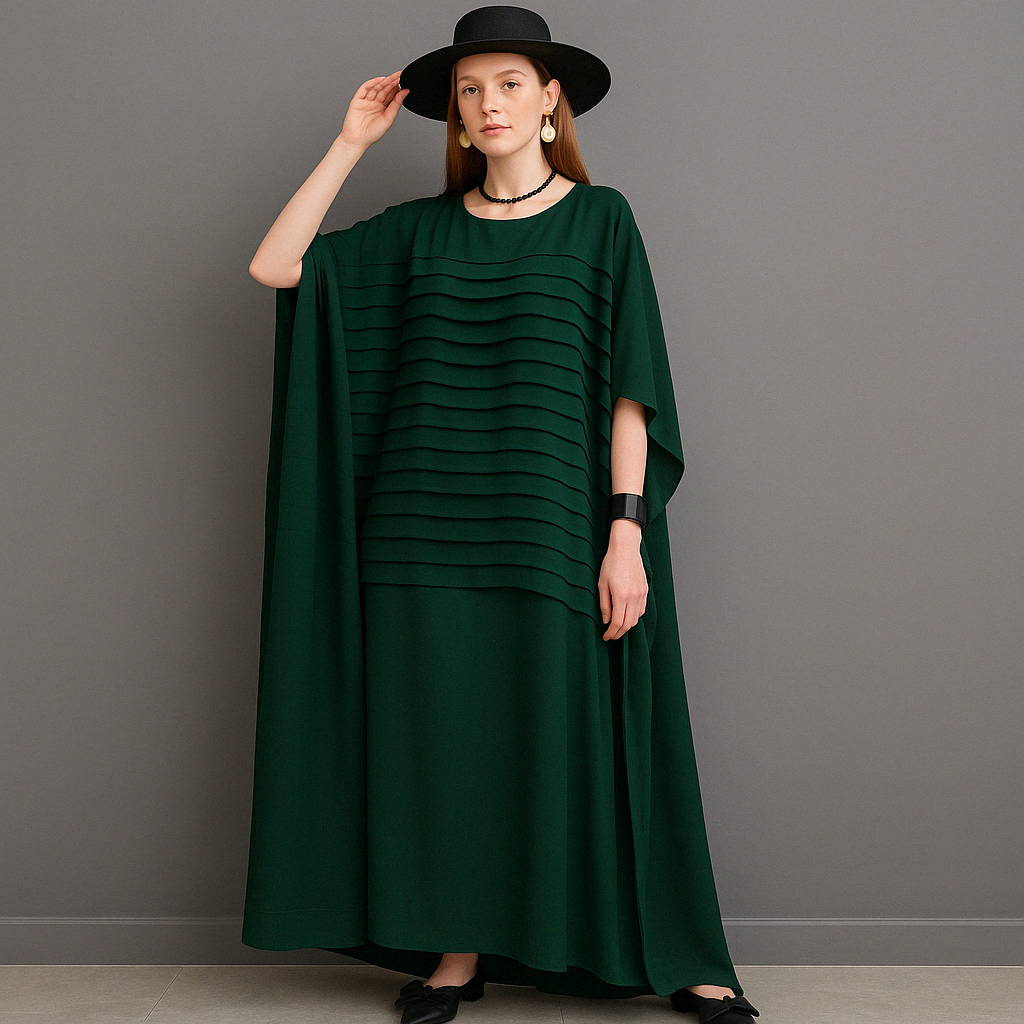 Oversized Pleated Kaftan Maxi Dress – Batwing Sleeve Lounge Chic