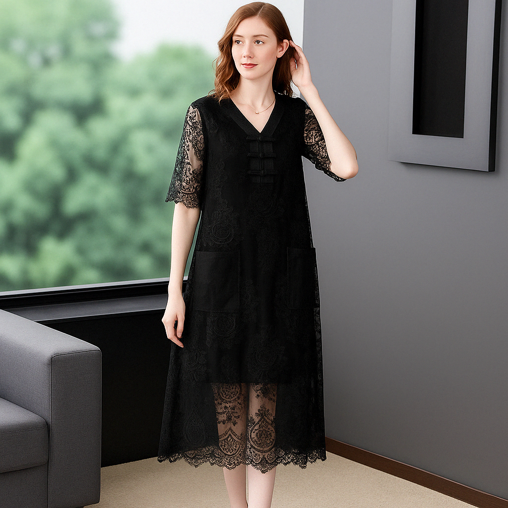 Embroidered Sheer V-Neck Midi Dress – Elegant Overlay for Special Occasions