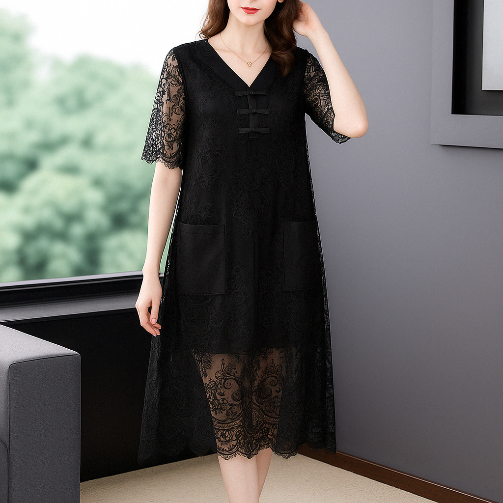 Embroidered Sheer V-Neck Midi Dress – Elegant Overlay for Special Occasions
