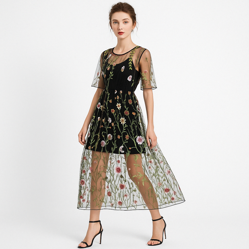 Floral Embroidered Sheer Mesh Midi Dress with Slip Lining