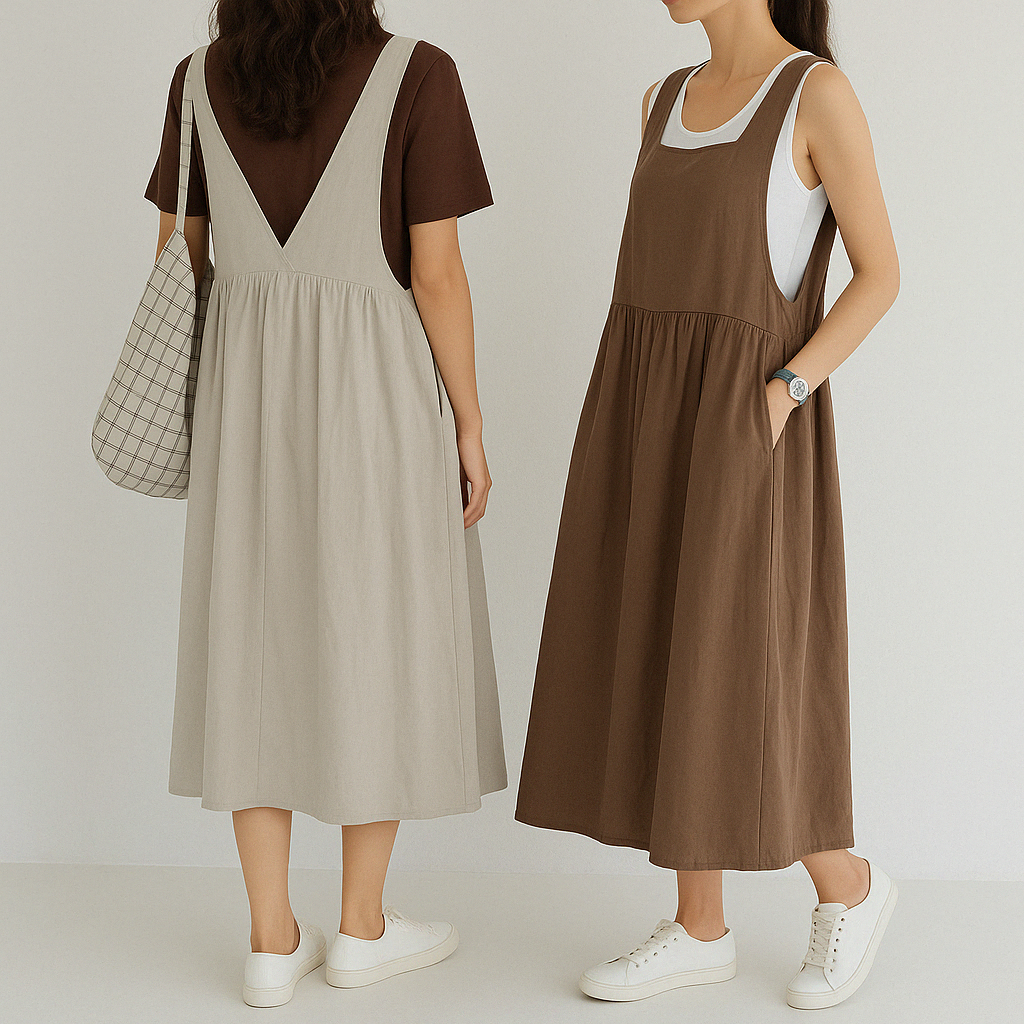 Linen Apron Pinafore Dress with Square Neck and Side Pockets
