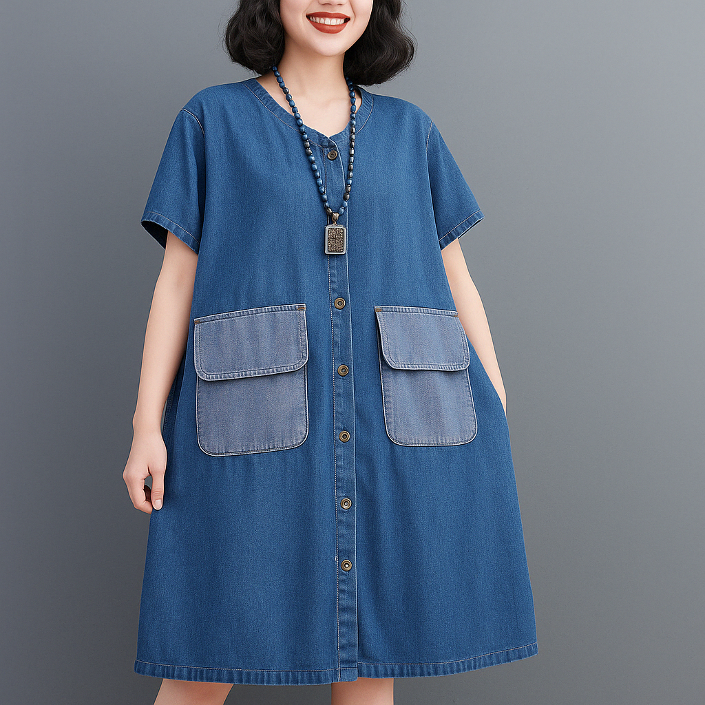 Casual Oversized Denim Shirt Dress with Contrast Pockets and Short Sleeves
