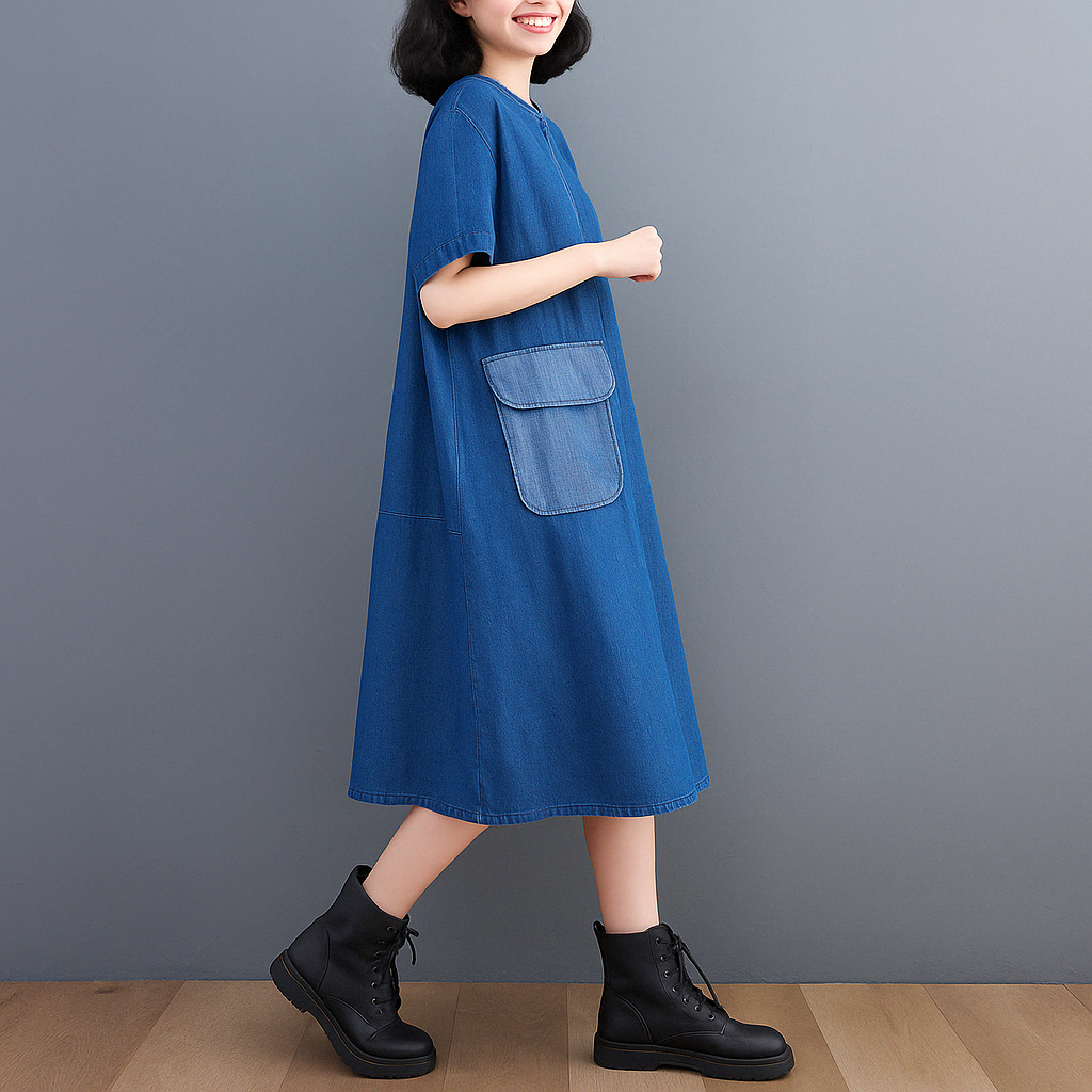 Casual Oversized Denim Shirt Dress with Contrast Pockets and Short Sleeves