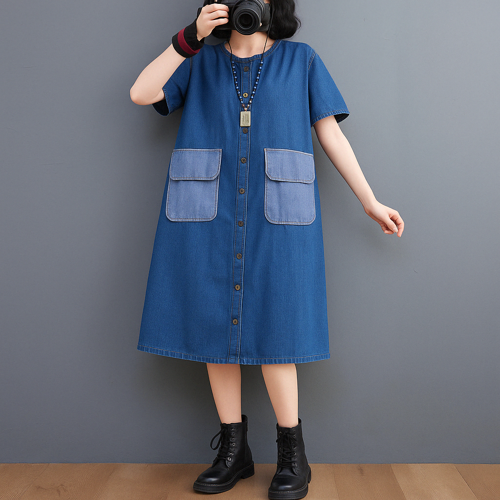 Casual Oversized Denim Shirt Dress with Contrast Pockets and Short Sleeves