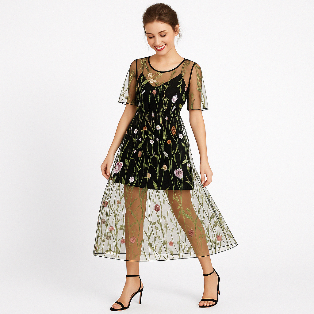 Floral Embroidered Sheer Mesh Midi Dress with Slip Lining