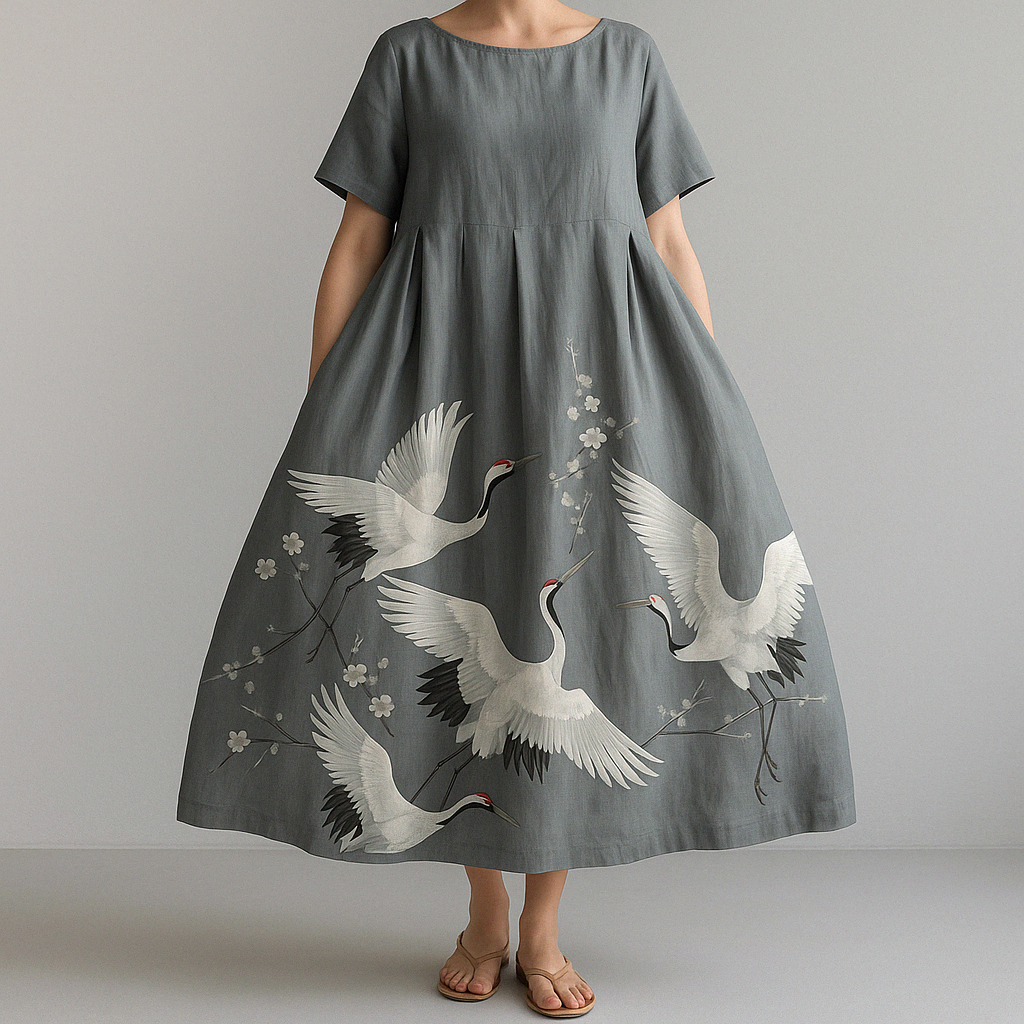 Cotton Maxi Dress with Crane Print – Loose Fit Short Sleeve Summer Dress