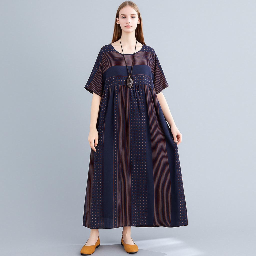 Navy Striped Cotton Maxi Dress with O-Neck & Relaxed Fit