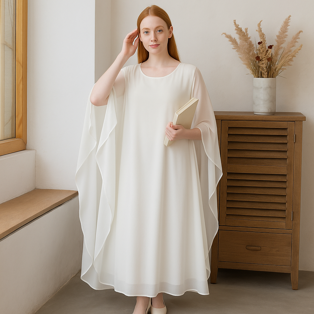 2-Piece White Chiffon Hanfu Maxi Dress Set – Vintage Loose Fit