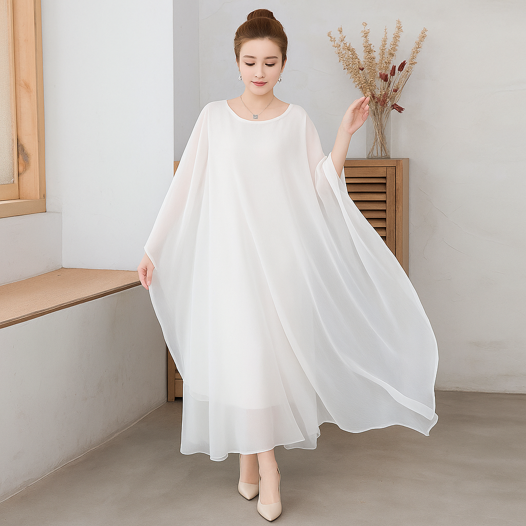 2-Piece White Chiffon Hanfu Maxi Dress Set – Vintage Loose Fit