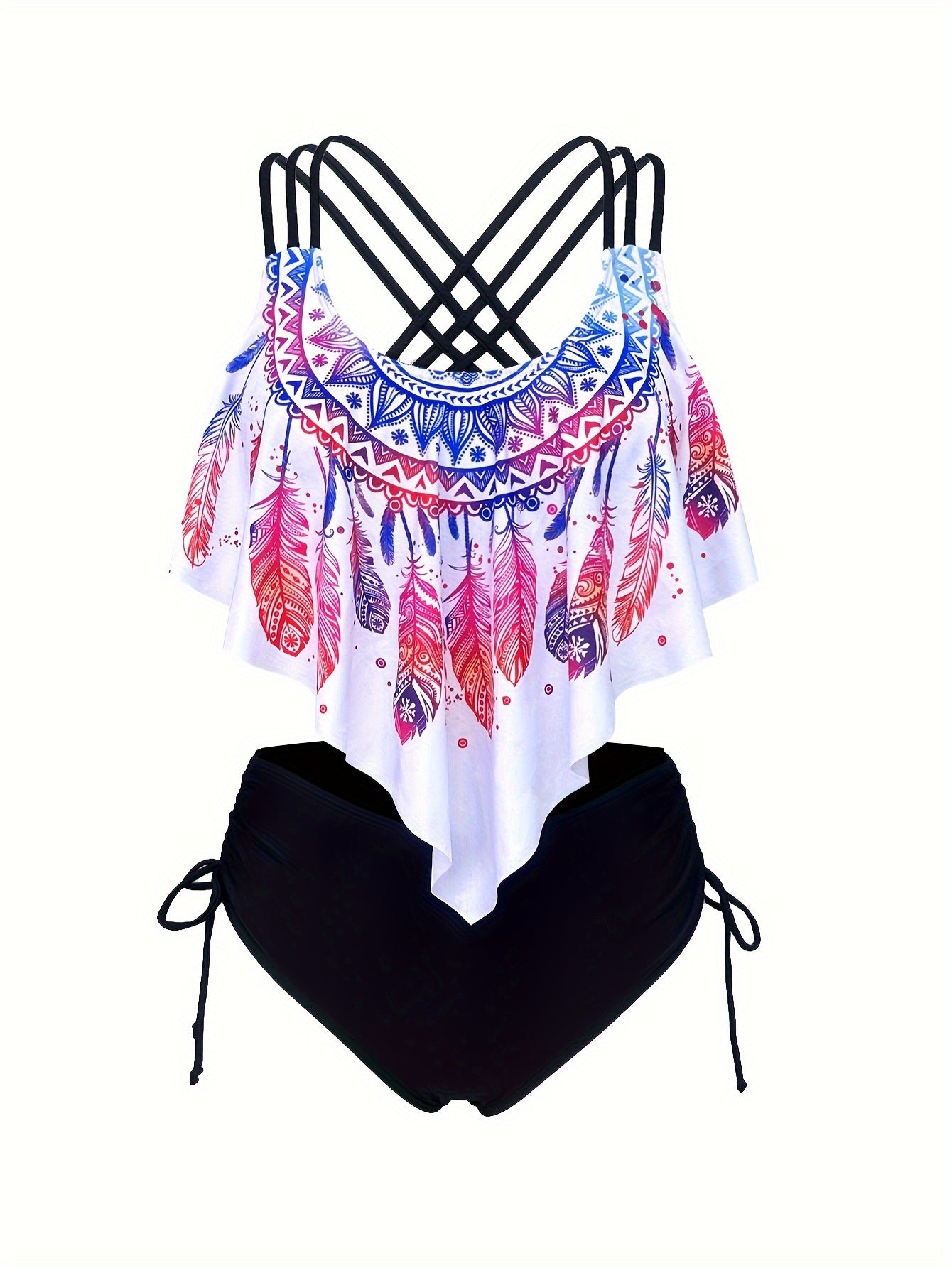 Feather Print Tankini – Crisscross Strap Top & High-Waist Bottom